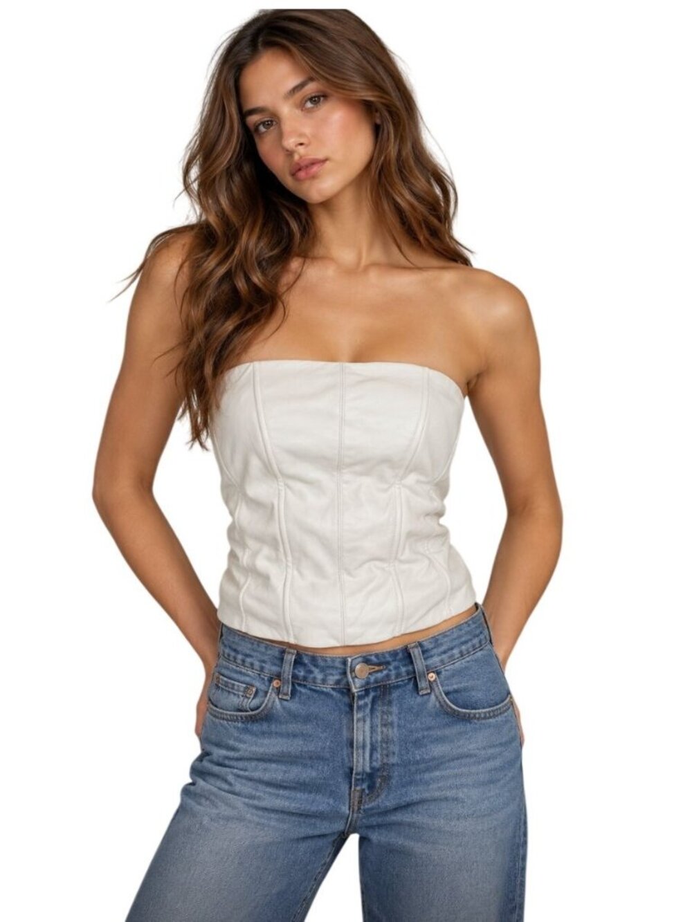 LAMARQUE DAVINA FAUX LEATHER BUSTIER in White BONE NWOT - Size L